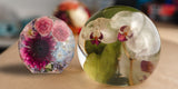 Sphere and hexagon silicon shapes with preserved flowers made using Modern Mold's molds.